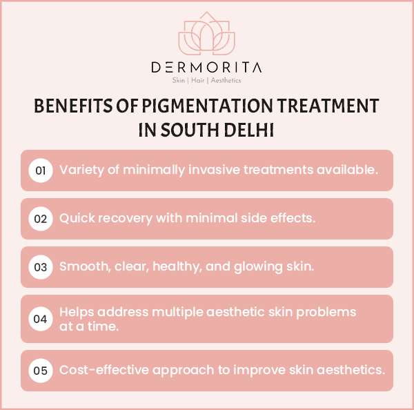 Benefits of Pigmentation Treatment in South Delhi are variety of minimally invasive treatments avaliable, quick recovery with minimal side effects, Smooth, clear, healthy, and glowing Skin and more.